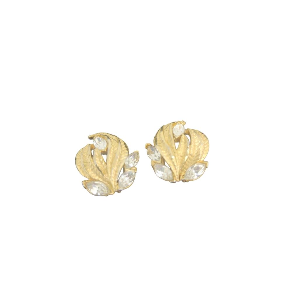 Gold leaf and rhinestone clip on vintage earrings